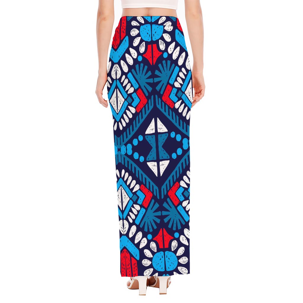 Blue And Red Aztec Pattern Print High Slit Maxi Skirt