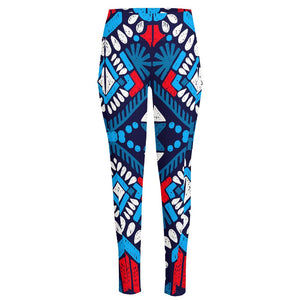 Blue And Red Aztec Pattern Print High-Waisted Pocket Leggings