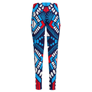 Blue And Red Aztec Pattern Print High-Waisted Pocket Leggings