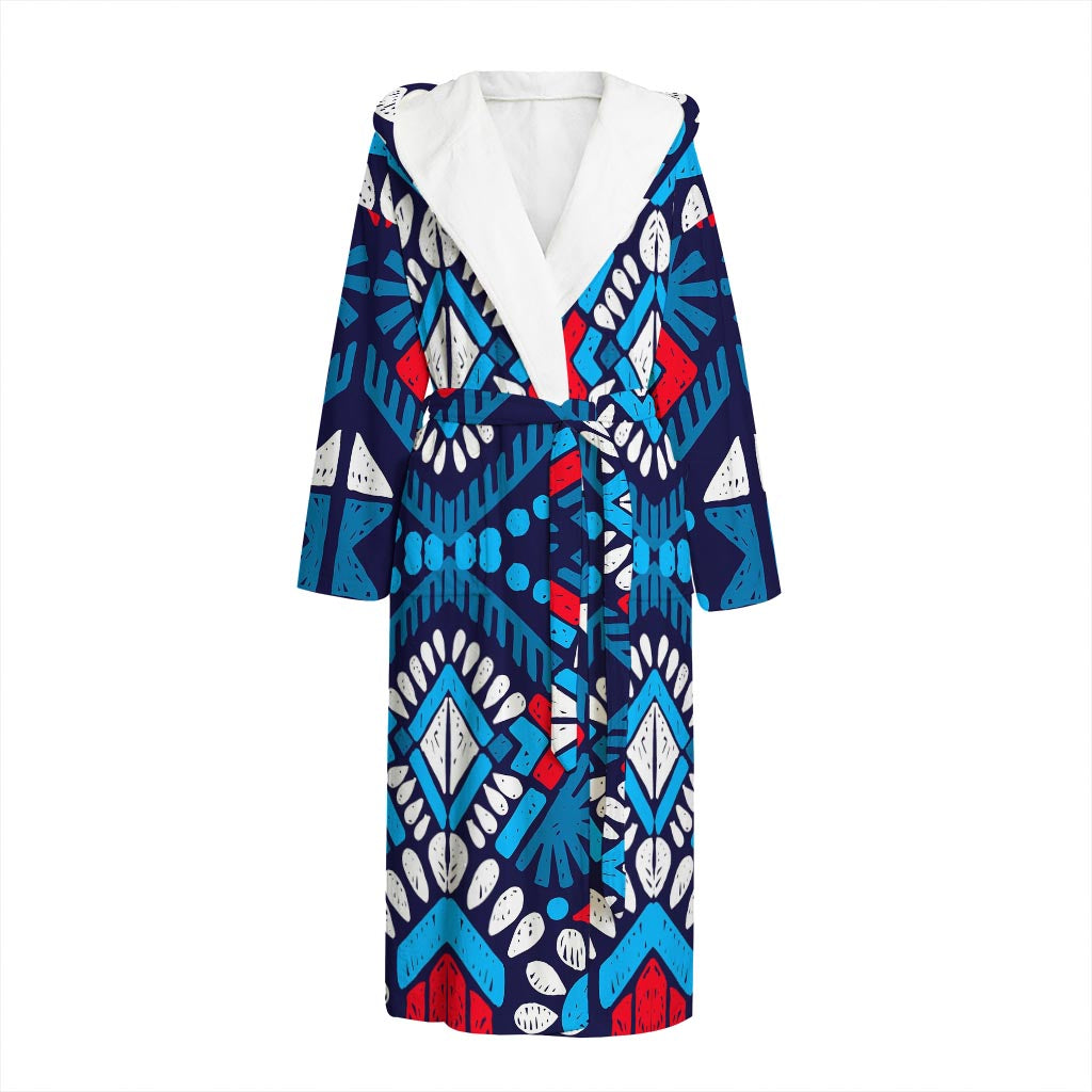 Blue And Red Aztec Pattern Print Hooded Bathrobe