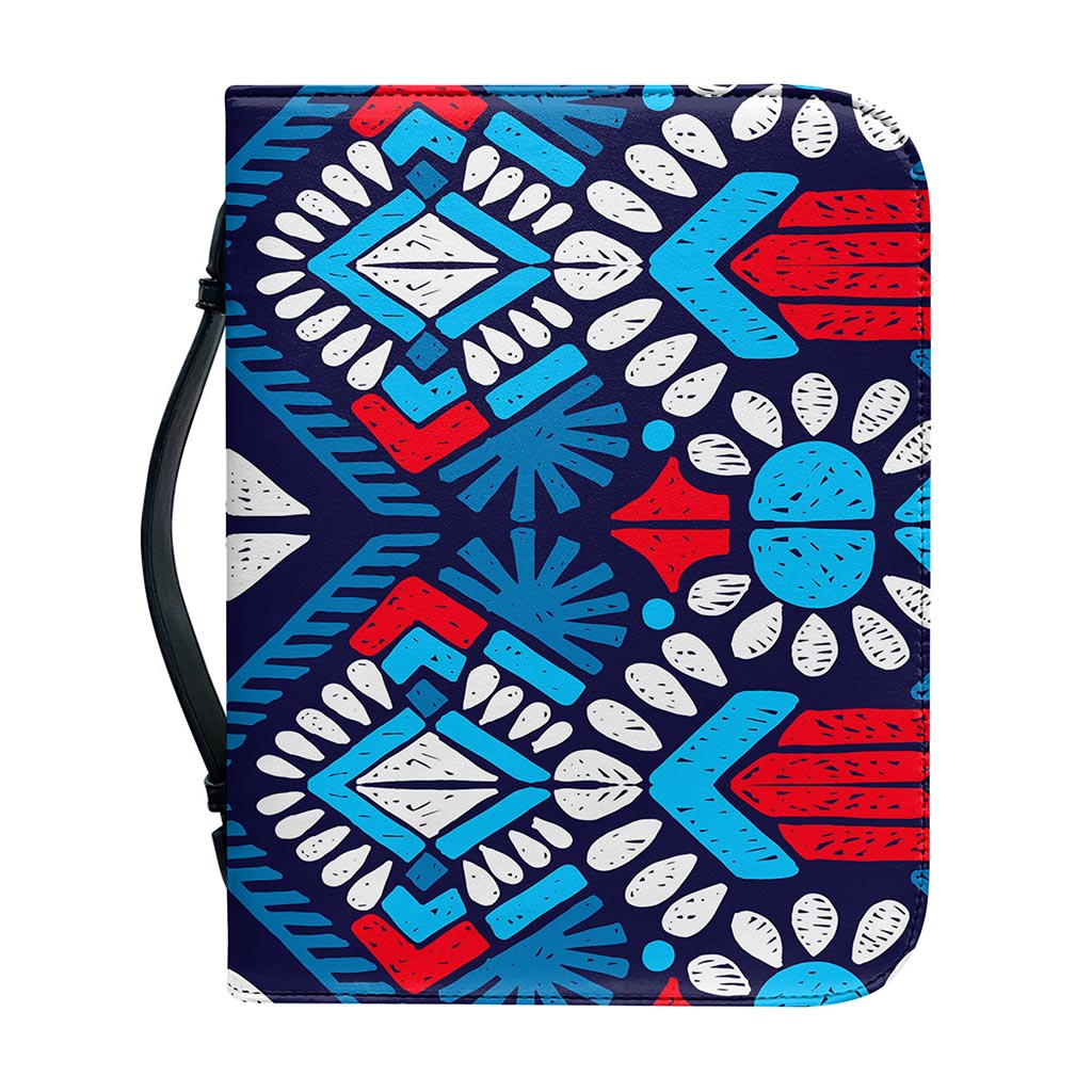 Blue And Red Aztec Pattern Print Leather Bible Cover