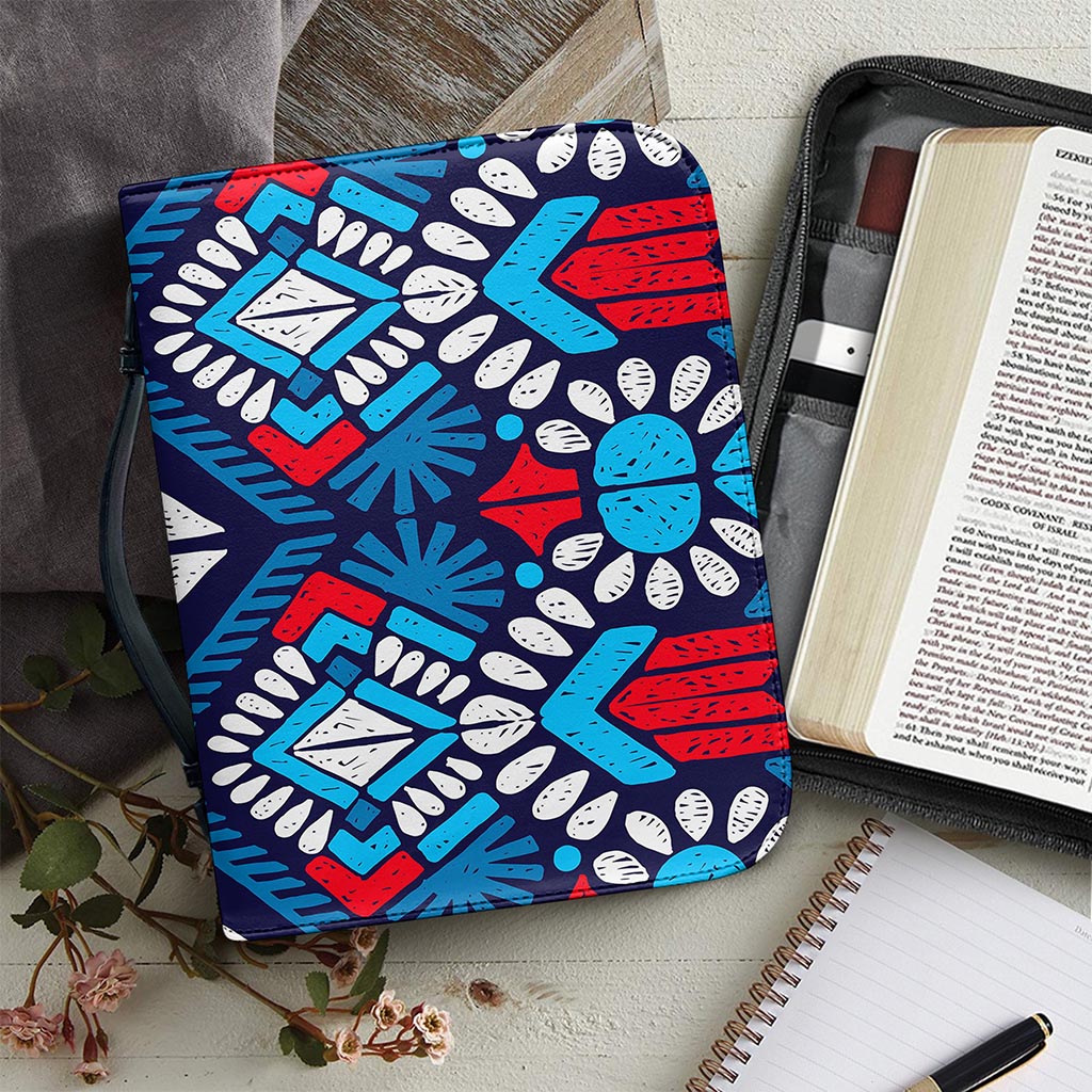 Blue And Red Aztec Pattern Print Leather Bible Cover