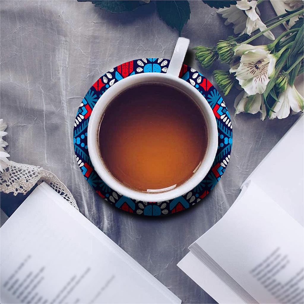 Blue And Red Aztec Pattern Print Leather Coaster Set