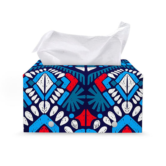 Blue And Red Aztec Pattern Print Leather Tissue Box Cover