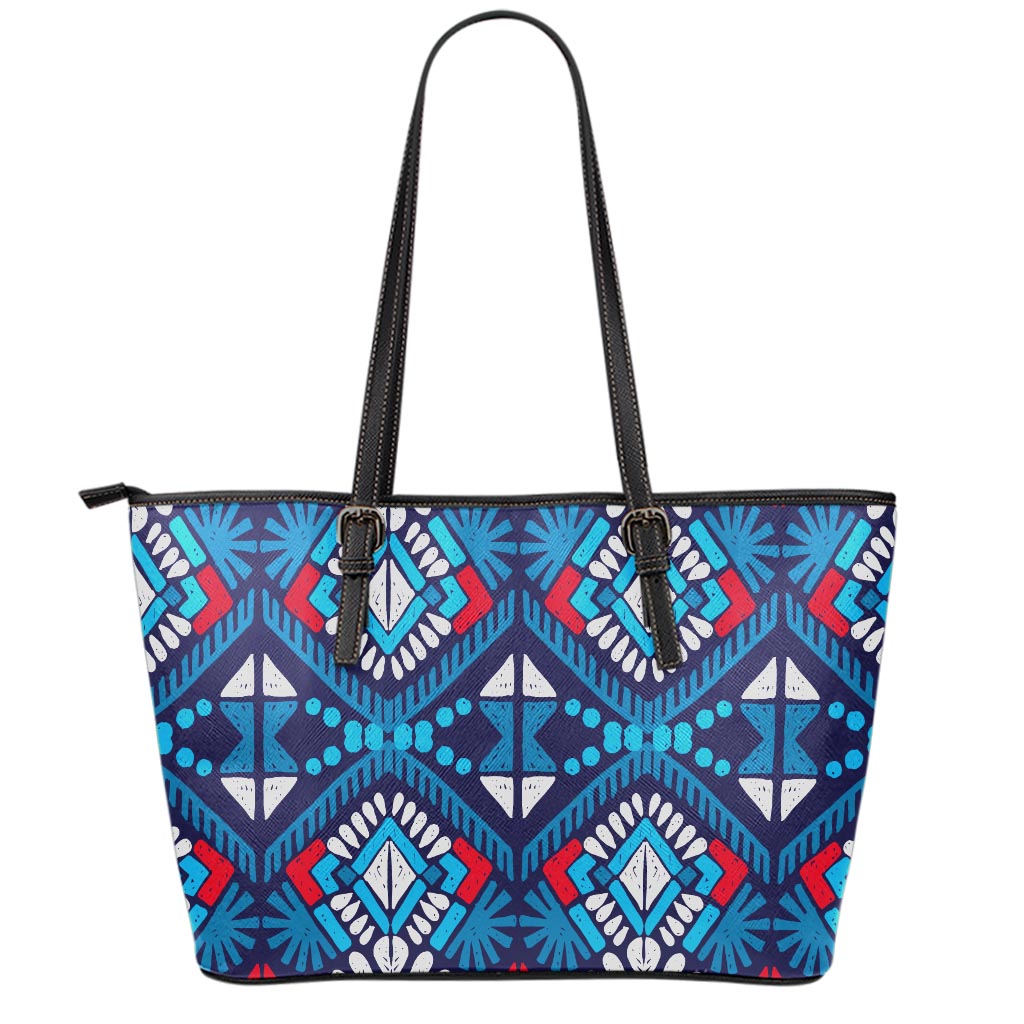 Blue And Red Aztec Pattern Print Leather Tote Bag