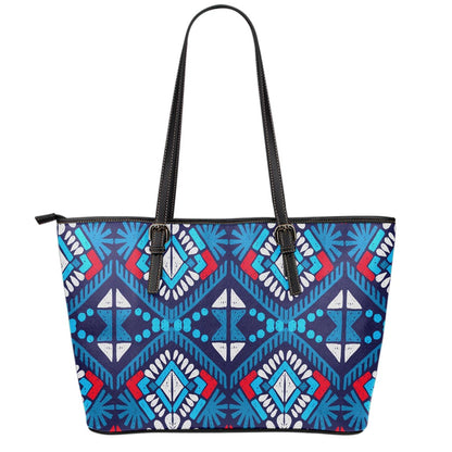 Blue And Red Aztec Pattern Print Leather Tote Bag