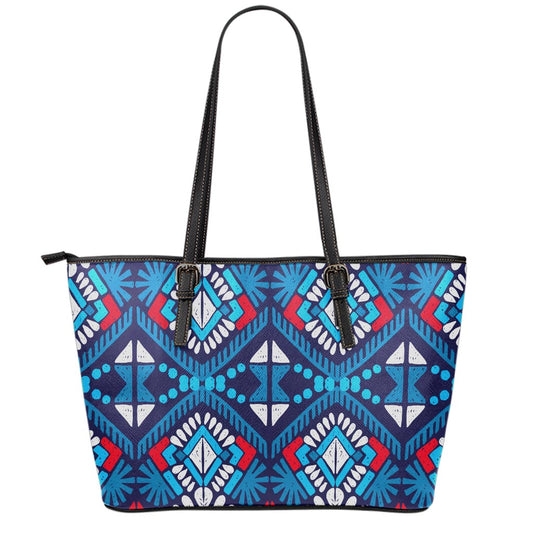 Blue And Red Aztec Pattern Print Leather Tote Bag