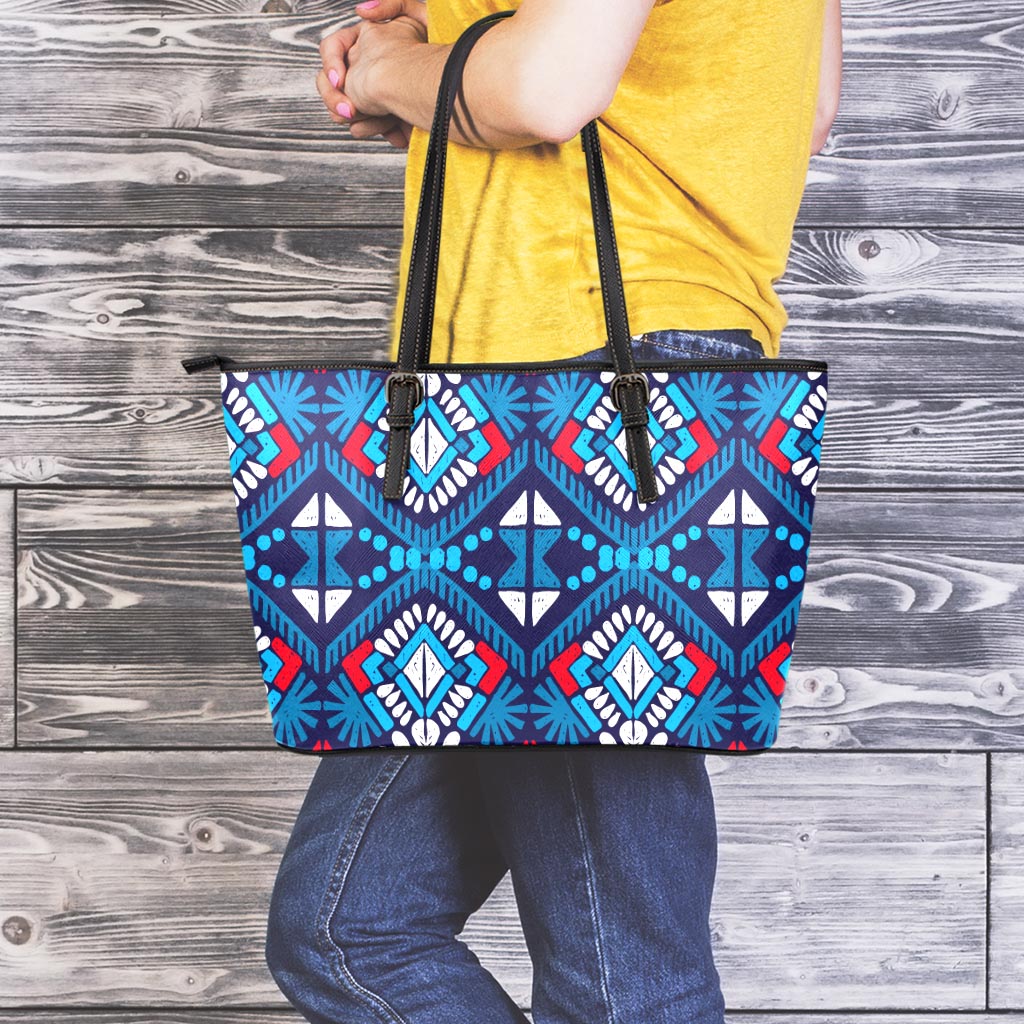 Blue And Red Aztec Pattern Print Leather Tote Bag