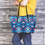 Blue And Red Aztec Pattern Print Leather Tote Bag