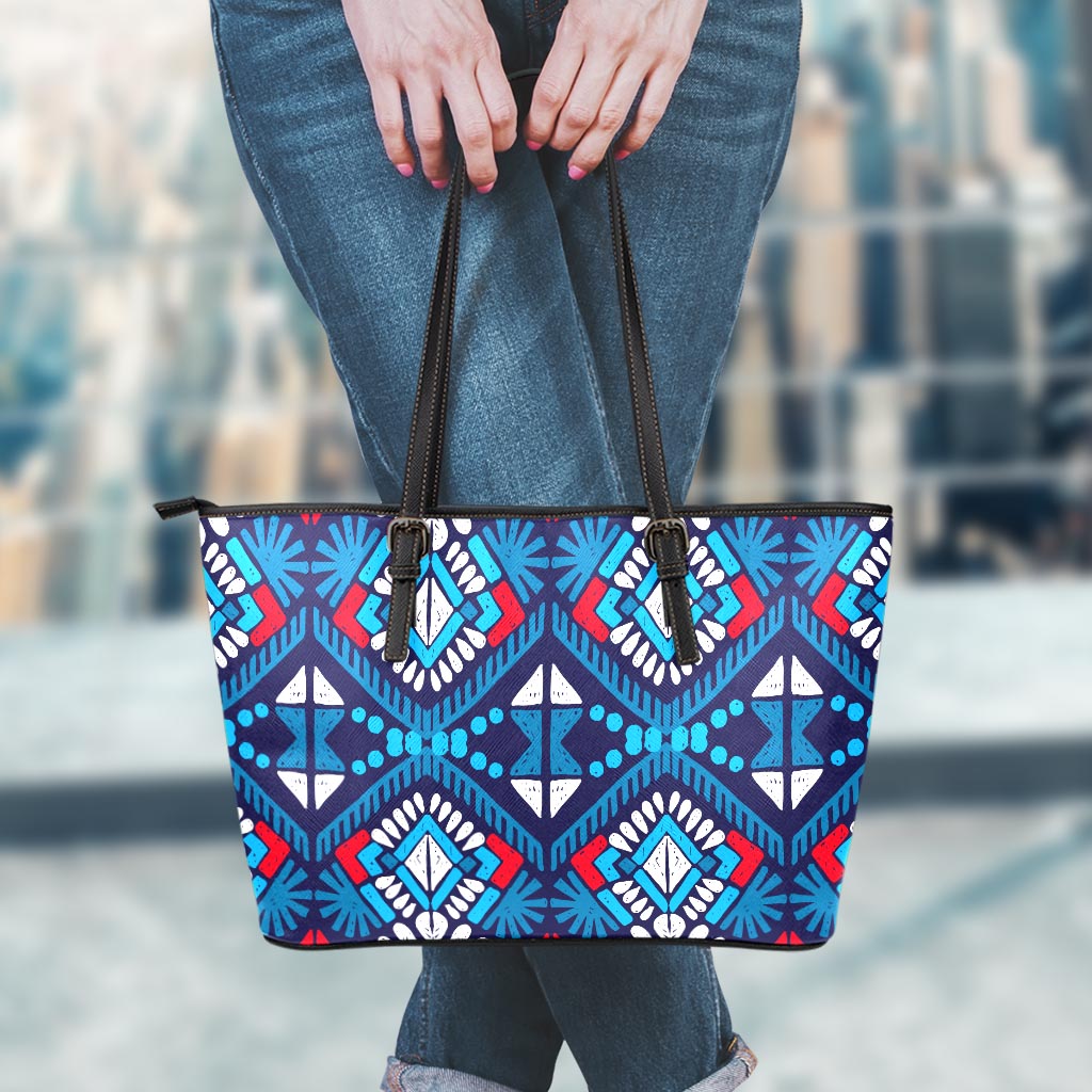 Blue And Red Aztec Pattern Print Leather Tote Bag