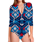 Blue And Red Aztec Pattern Print Long Sleeve Swimsuit