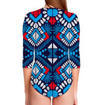 Blue And Red Aztec Pattern Print Long Sleeve Swimsuit