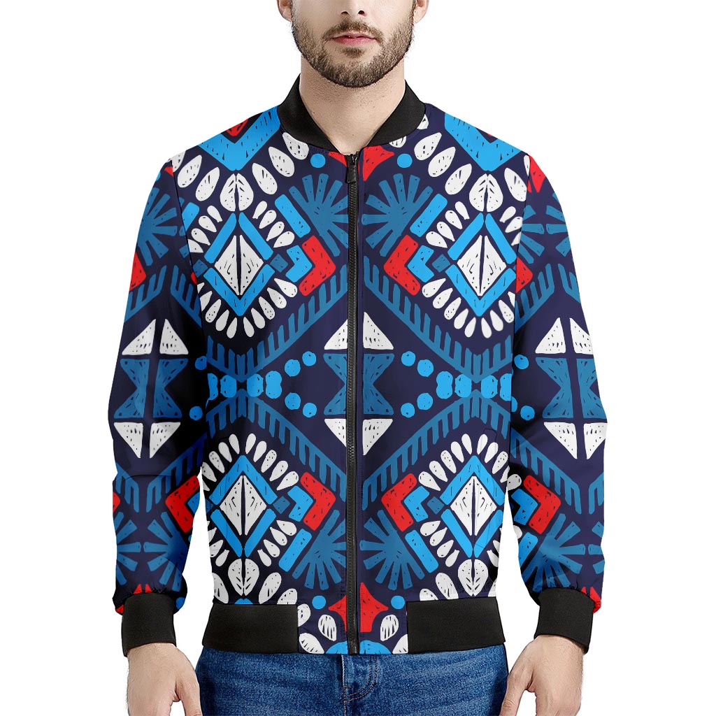 Blue And Red Aztec Pattern Print Men's Bomber Jacket