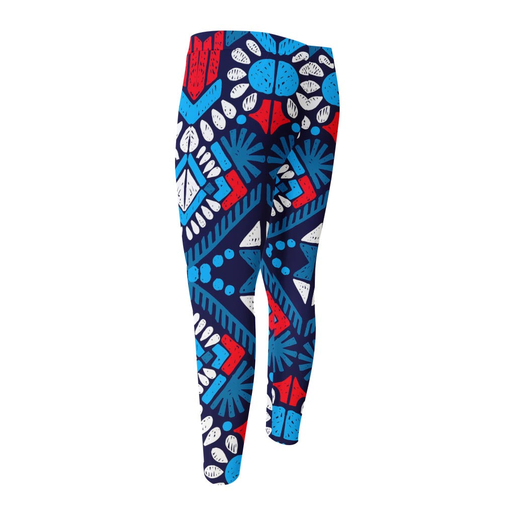 Blue And Red Aztec Pattern Print Men's Compression Pants