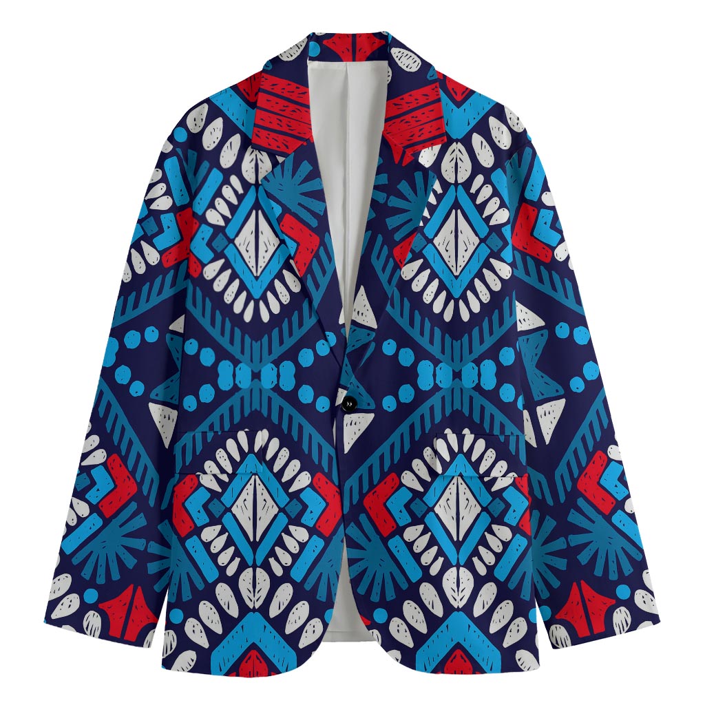 Blue And Red Aztec Pattern Print Men's Cotton Blazer