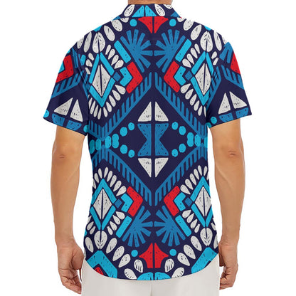 Blue And Red Aztec Pattern Print Men's Deep V-Neck Shirt