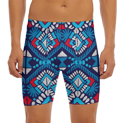 Blue And Red Aztec Pattern Print Men's Long Boxer Briefs