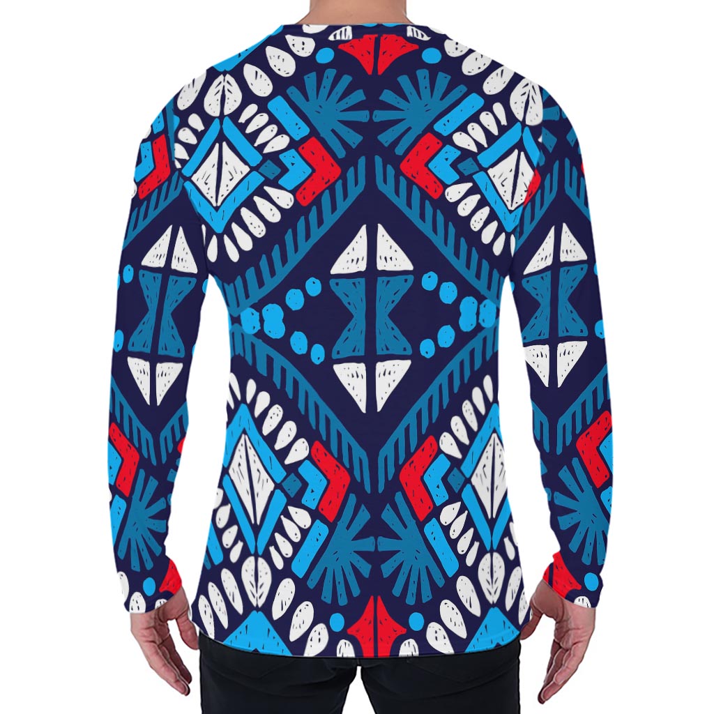 Blue And Red Aztec Pattern Print Men's Long Sleeve T-Shirt