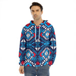 Blue And Red Aztec Pattern Print Men's Velvet Pullover Hoodie