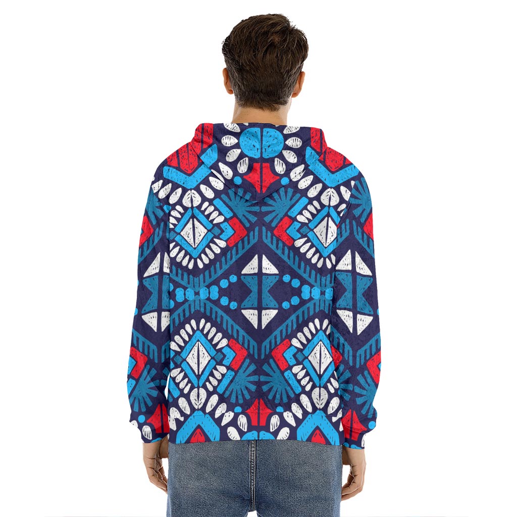 Blue And Red Aztec Pattern Print Men's Velvet Pullover Hoodie