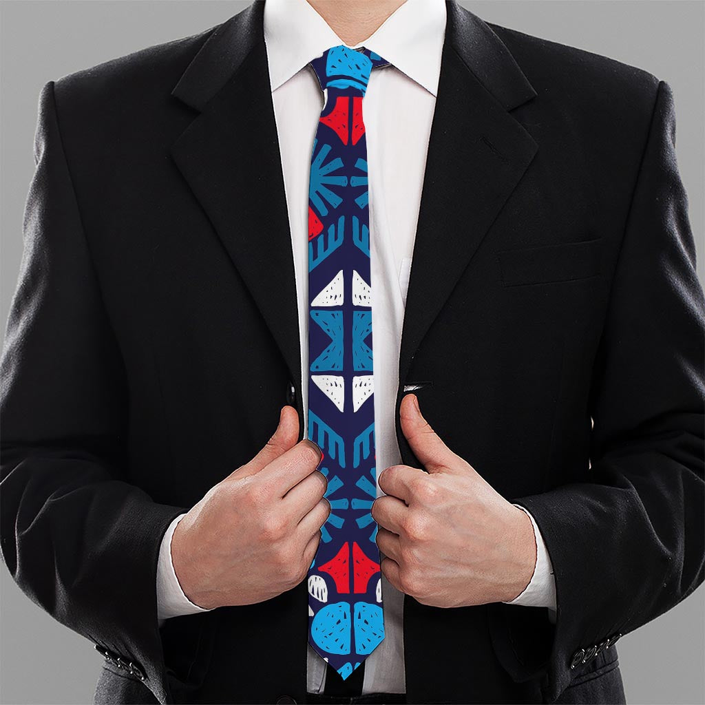 Blue And Red Aztec Pattern Print Necktie