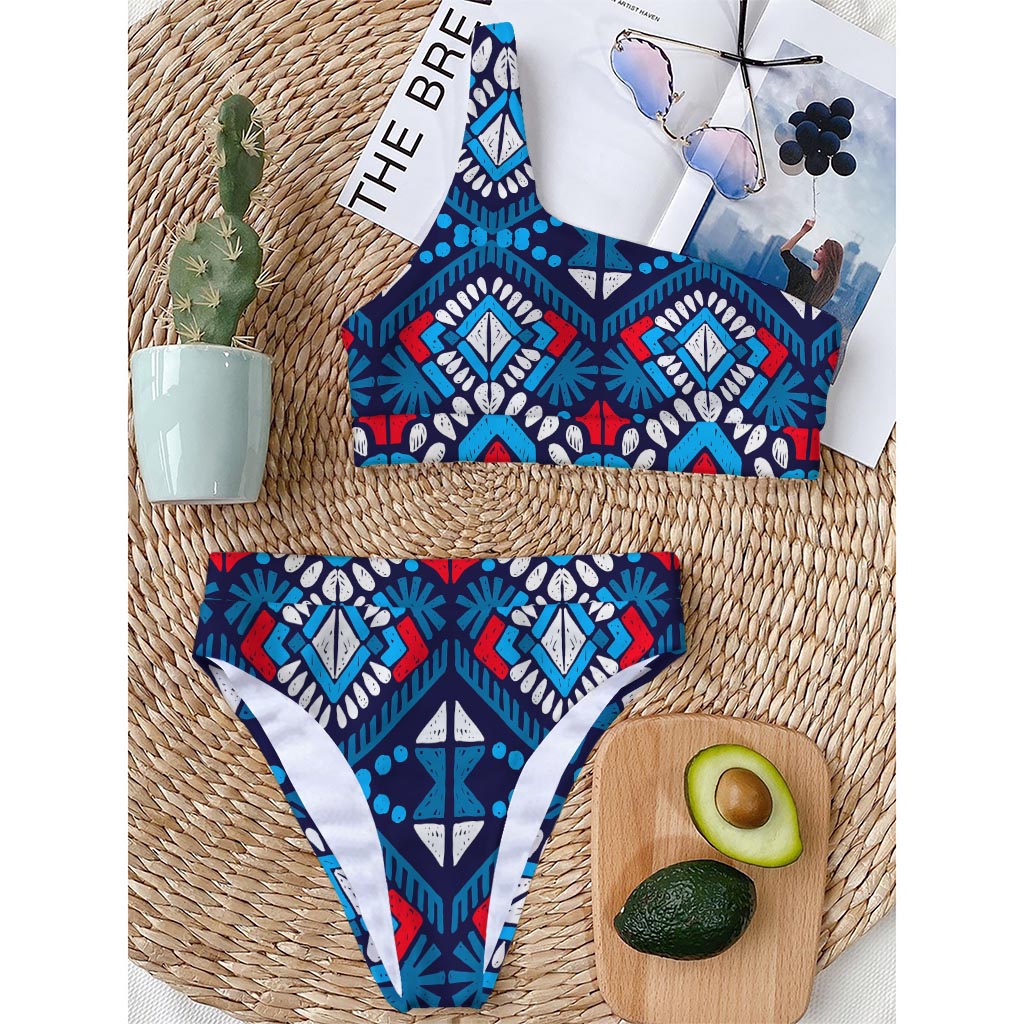 Blue And Red Aztec Pattern Print One Shoulder Bikini Top