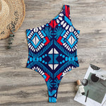 Blue And Red Aztec Pattern Print One Shoulder Bodysuit