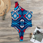 Blue And Red Aztec Pattern Print One Shoulder Bodysuit