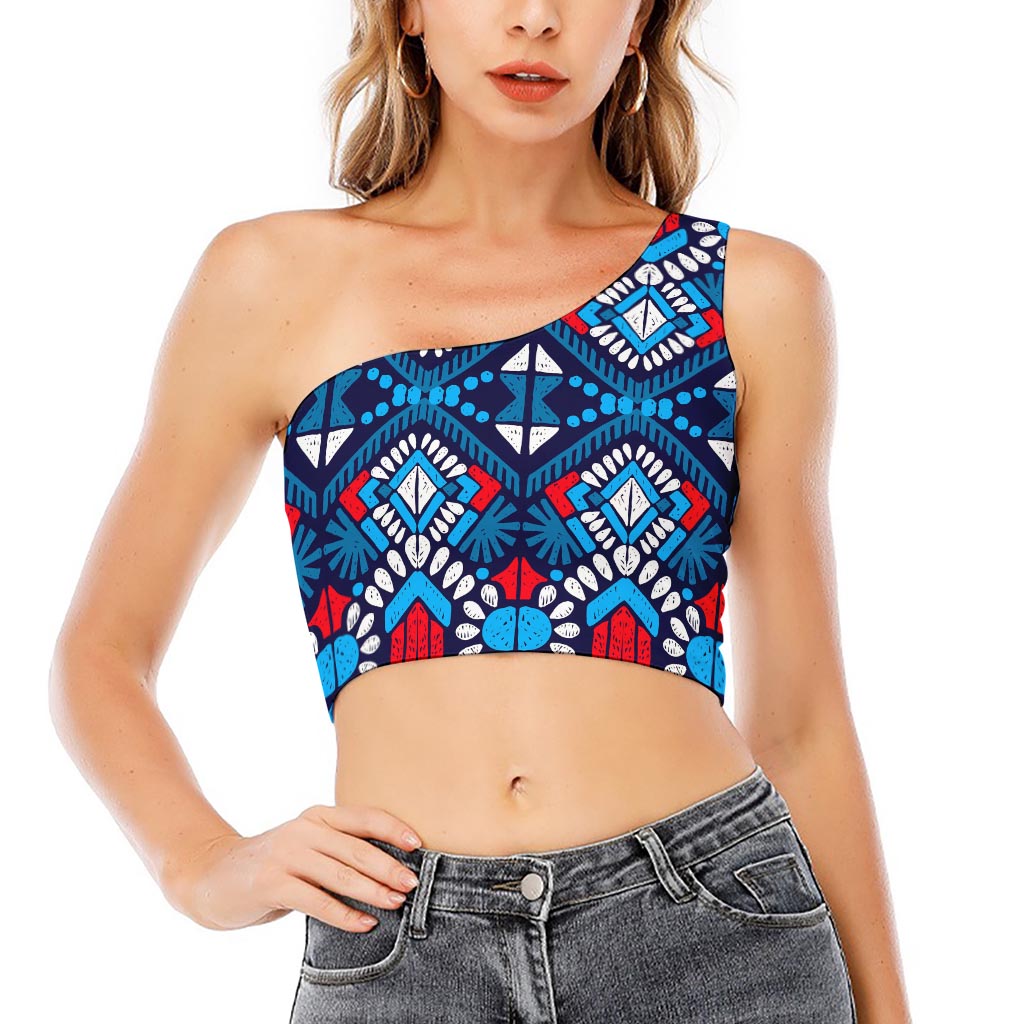 Blue And Red Aztec Pattern Print One Shoulder Crop Top