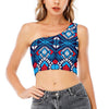 Blue And Red Aztec Pattern Print One Shoulder Crop Top