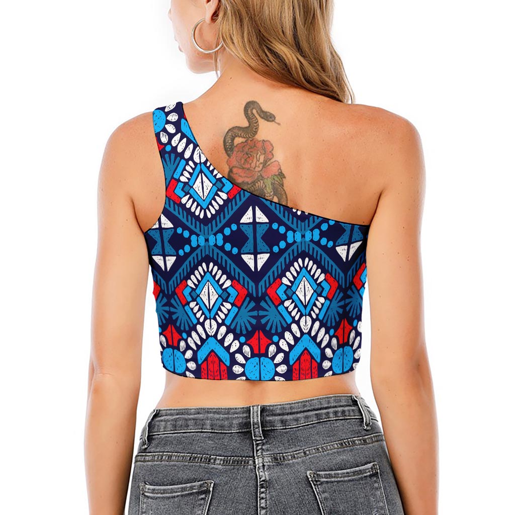 Blue And Red Aztec Pattern Print One Shoulder Crop Top