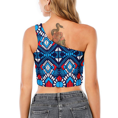 Blue And Red Aztec Pattern Print One Shoulder Crop Top