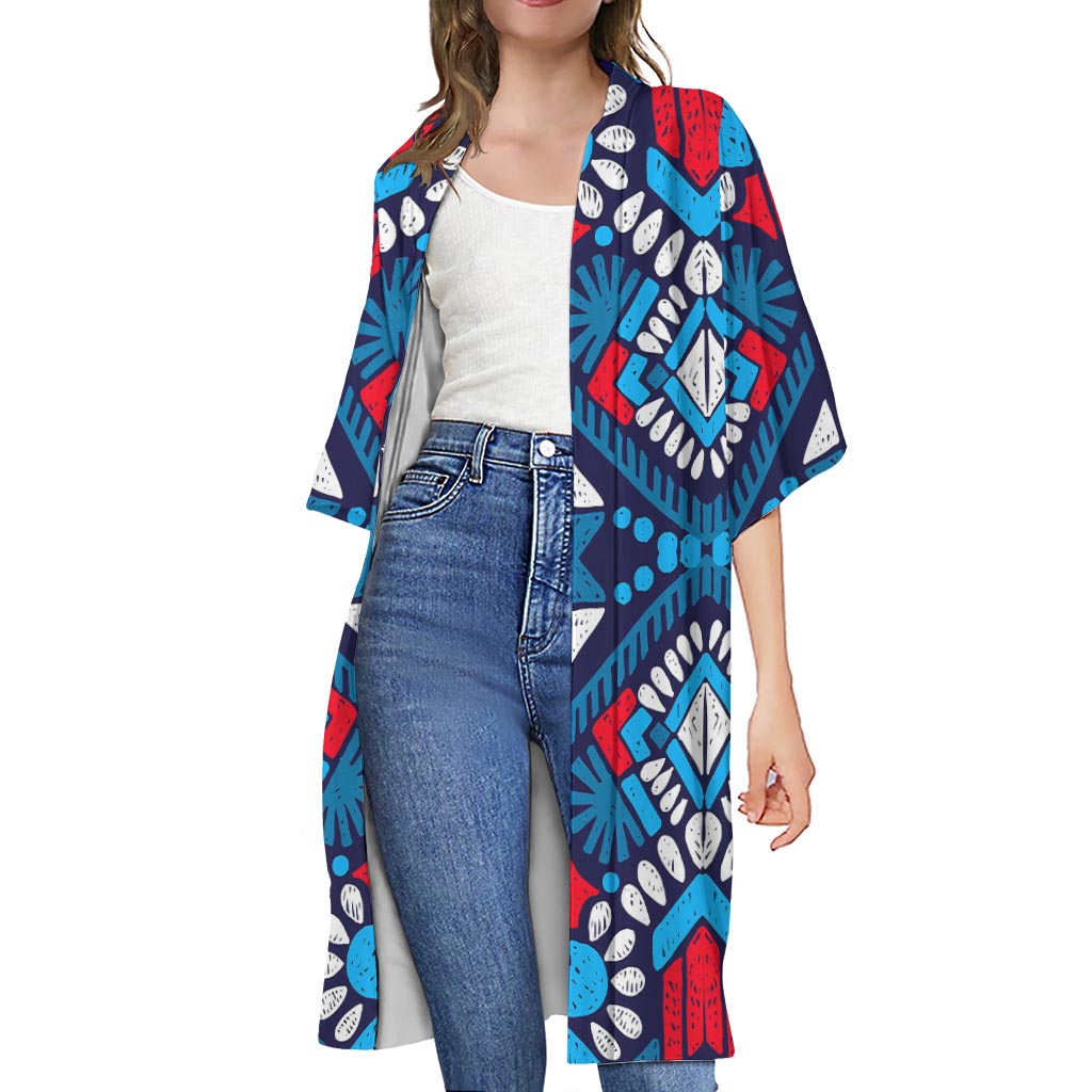 Blue And Red Aztec Pattern Print Open Front Beach Cover Up