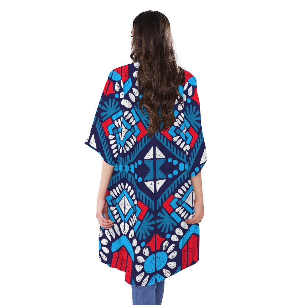 Blue And Red Aztec Pattern Print Open Front Beach Cover Up