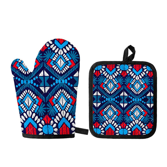 Blue And Red Aztec Pattern Print Oven Mitt And Pot Holder Set