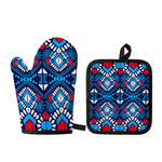 Blue And Red Aztec Pattern Print Oven Mitt And Pot Holder Set