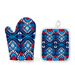 Blue And Red Aztec Pattern Print Oven Mitt And Pot Holder Set