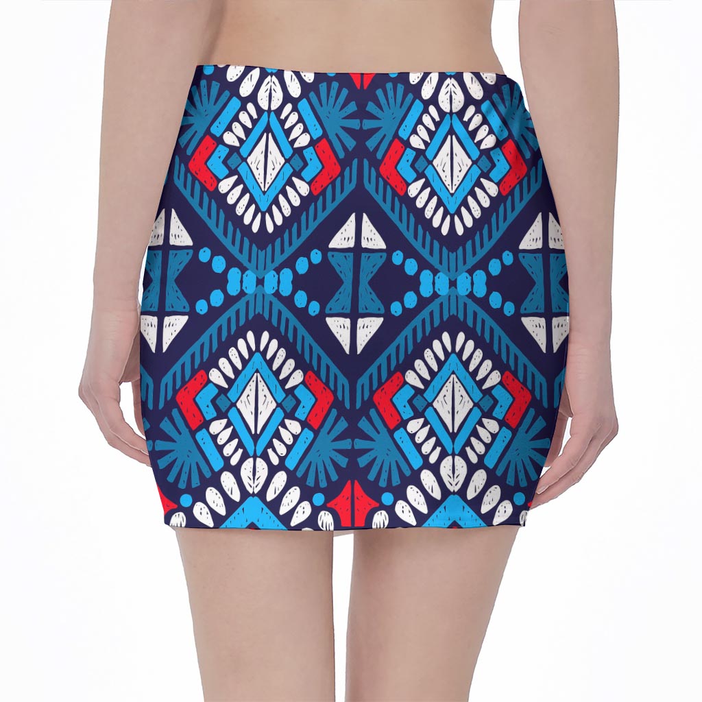 Blue And Red Aztec Pattern Print Pencil Mini Skirt