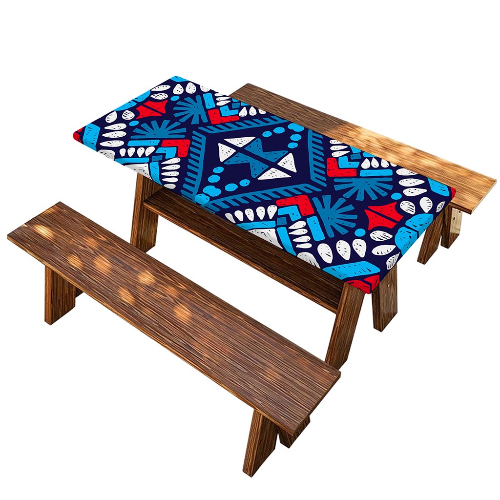 Blue And Red Aztec Pattern Print Picnic Table Cover