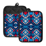 Blue And Red Aztec Pattern Print Pot Holders With Pocket