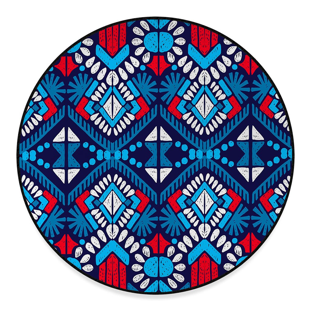 Blue And Red Aztec Pattern Print Round Floor Mat