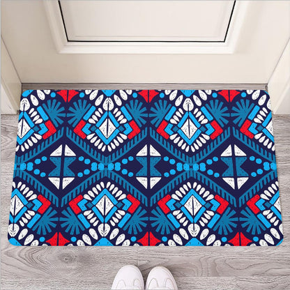 Blue And Red Aztec Pattern Print Rubber Doormat