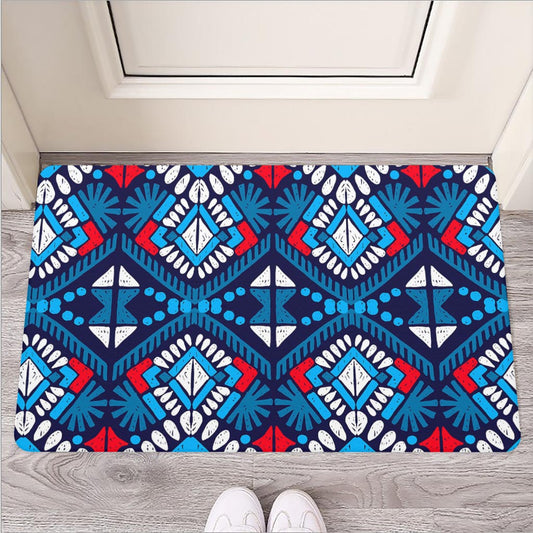 Blue And Red Aztec Pattern Print Rubber Doormat
