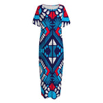 Blue And Red Aztec Pattern Print Short Sleeve Long Nightdress