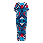 Blue And Red Aztec Pattern Print Short Sleeve Long Nightdress