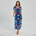 Blue And Red Aztec Pattern Print Short Sleeve Maxi Dress