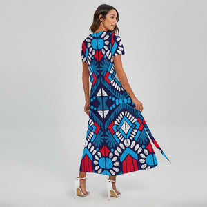 Blue And Red Aztec Pattern Print Short Sleeve Maxi Dress