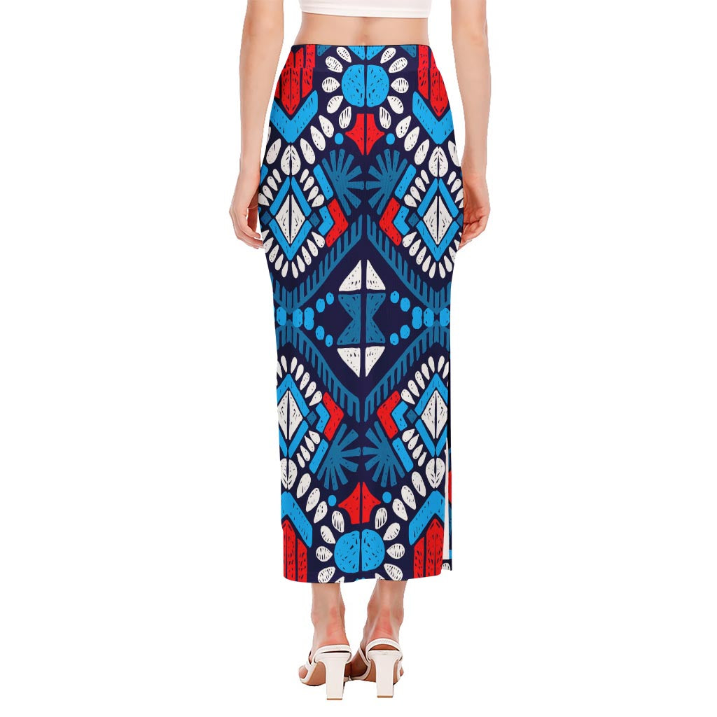 Blue And Red Aztec Pattern Print Side Slit Maxi Skirt