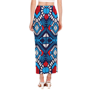 Blue And Red Aztec Pattern Print Side Slit Maxi Skirt