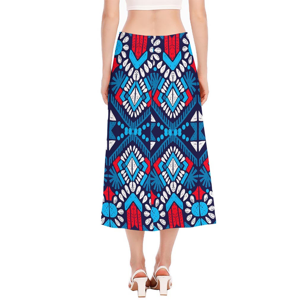 Blue And Red Aztec Pattern Print Side Slit Midi Skirt